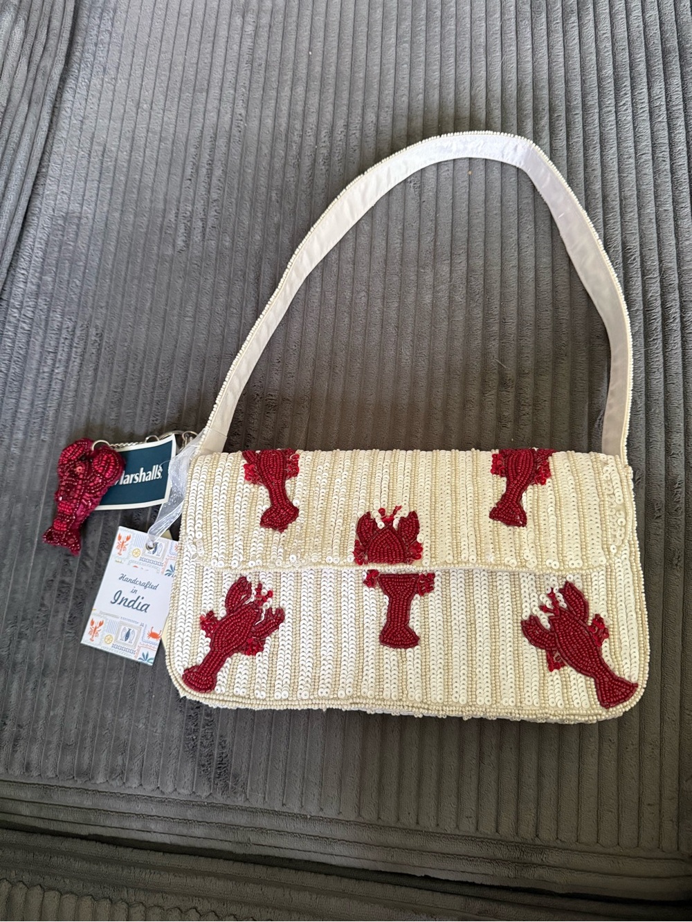 Cream Beaded Shoulder Bag with Red Lobster Appliqués